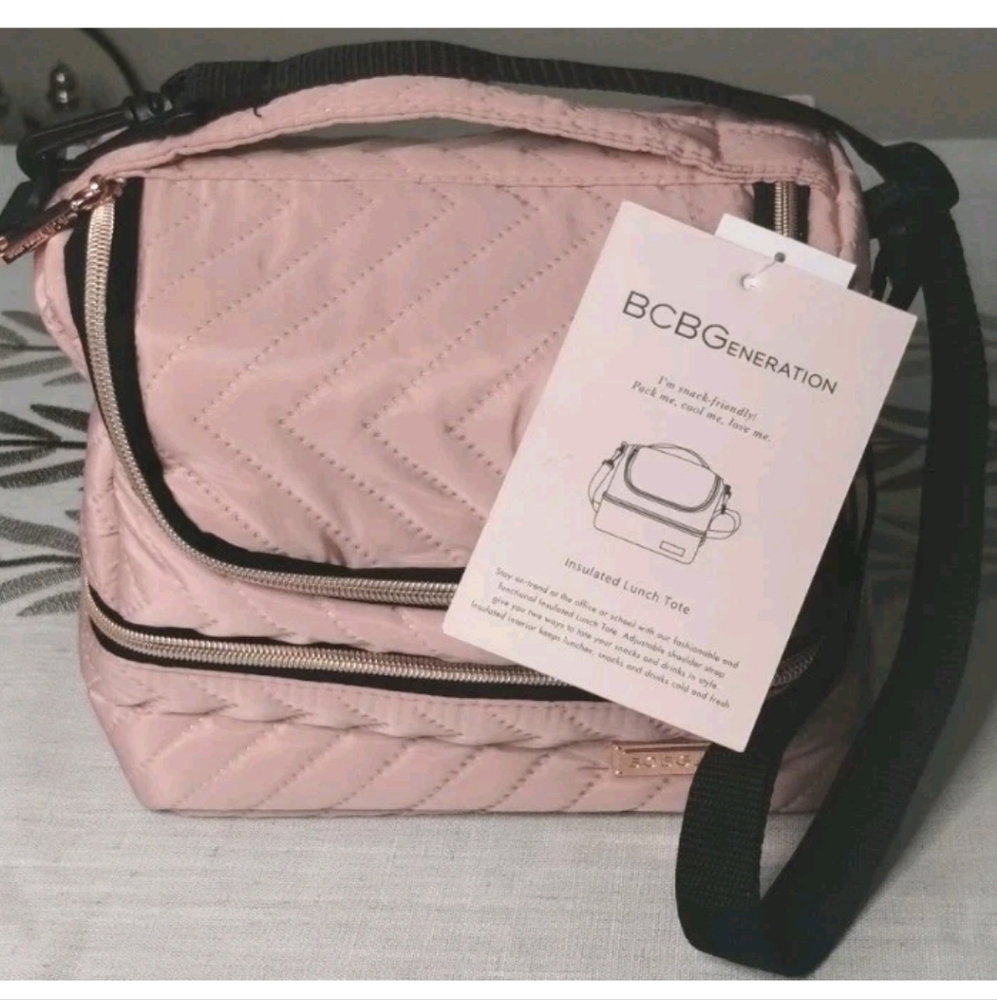 BCBGENERATION Insulated Lunch Tote W/ Snack Container Pink & Black Quilted